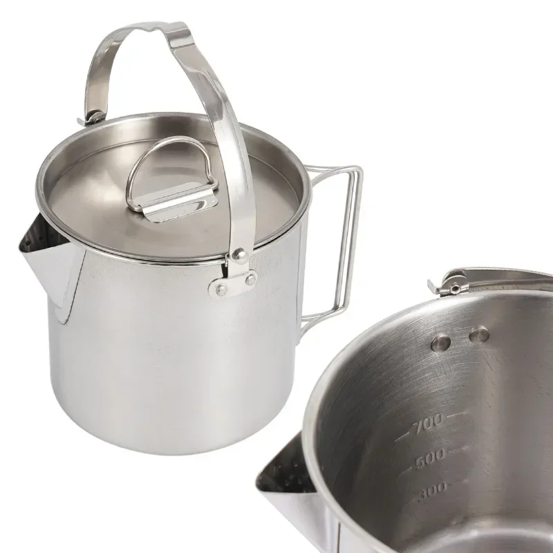 Outdoor Stainless Steel Kettle 1.2L Mountaineering Camping Tea Pot, Portable Hanging Cookware Coffee Picnic Pot