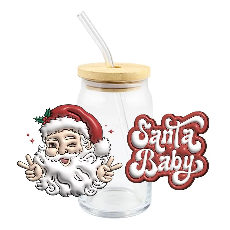 Santa Claus Transfe Sticker 3D DTF UV Design Transfer Decals For Wraps Glass Bottles Cups Cans Custom Decals