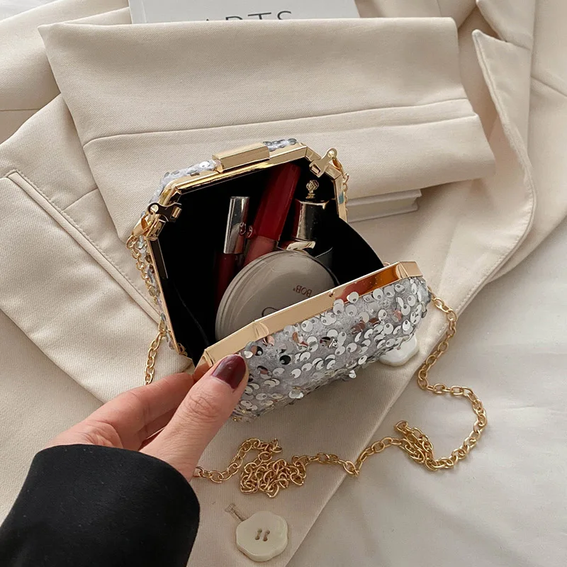 Super Mini Crossbody Bags For Women Designer Bags Luxury Silver Sequined Shoulder Coin Mini Purse Cute Square Box Lipstick Bag