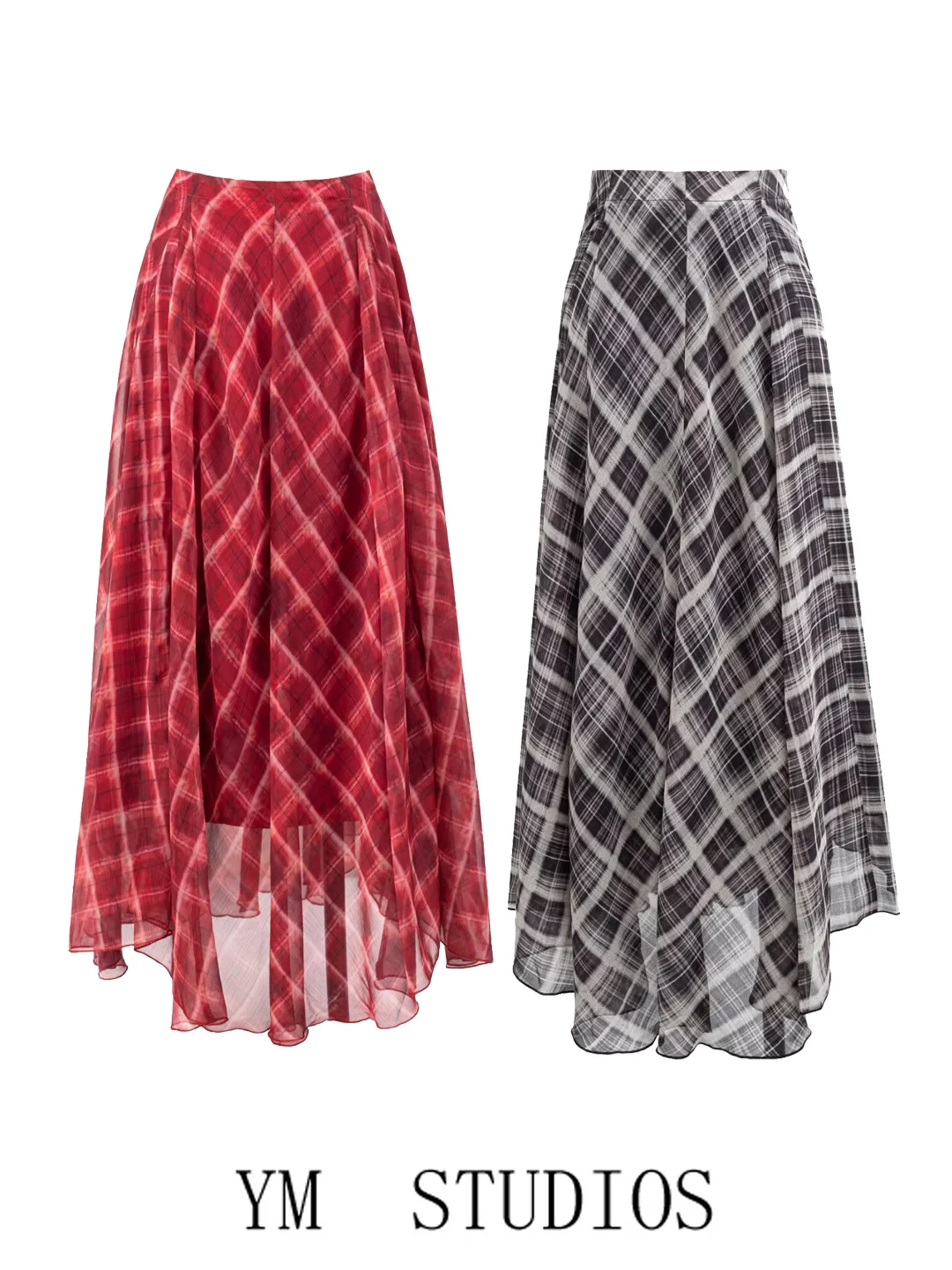 Red Plaid A-Line  Skirt Vintage High Waist Asymmetrical Drifting Long Skirt Women's Skin-friendly Breathable High Waist P...