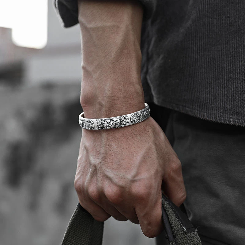 S999 Sterling Silver Vintage Antiqued Open Cuff Wealth Bangle for Men Pixiu Relief Bracelet Money Attracting Lucky Jewelry Gift