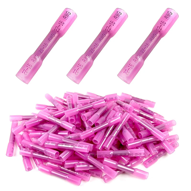 200PCS BHT1.25 Red Heat Shrink Butt Wire Connectors 22-16 AWG Insulated Waterproof Crimp Terminals Butt Splices