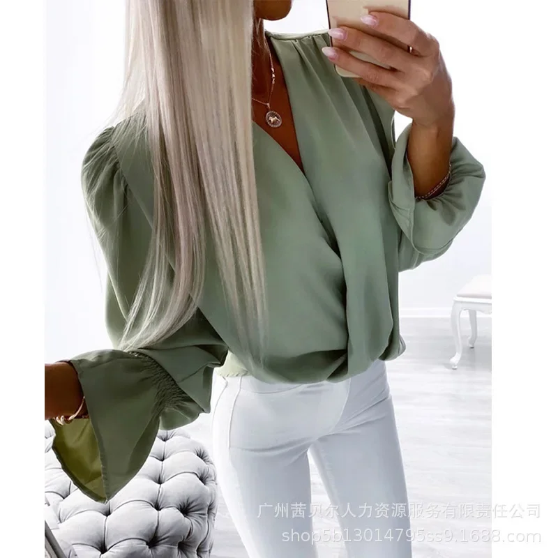 Long Sleeve Tshirts Top Cross V-neck Top Women Summer Chiffon Solid Color Summer Slim Fits Elegants Tshirt Top