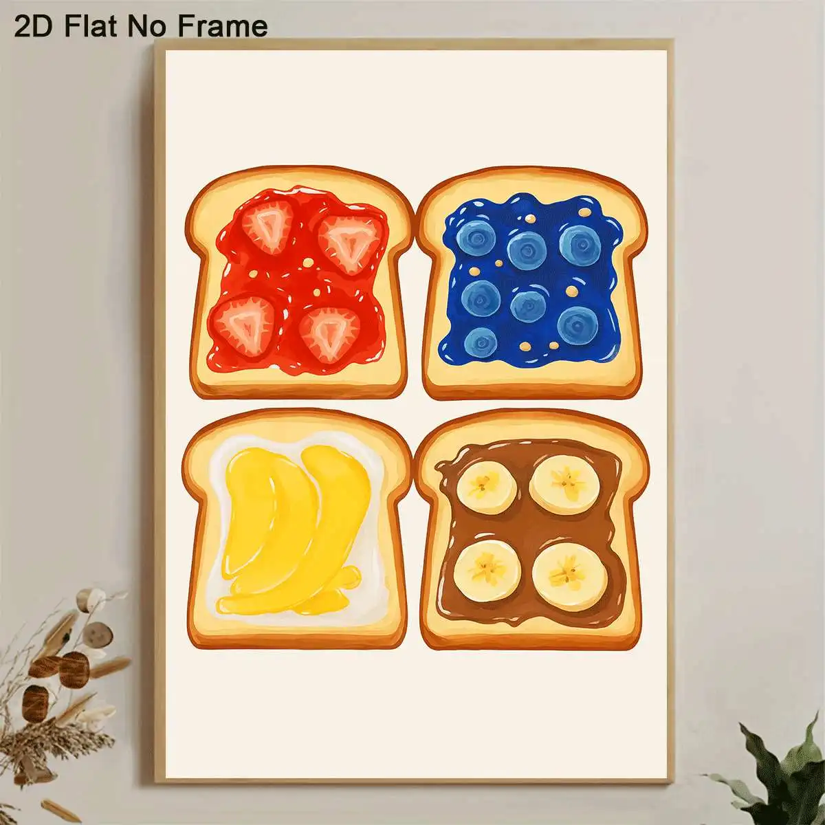 2D Flat, 1pc Frameless Canvas Poster, Four Slices of Toast Topped with Strawberry Jam, Blueberry Jam, Banana, and Chocolate S