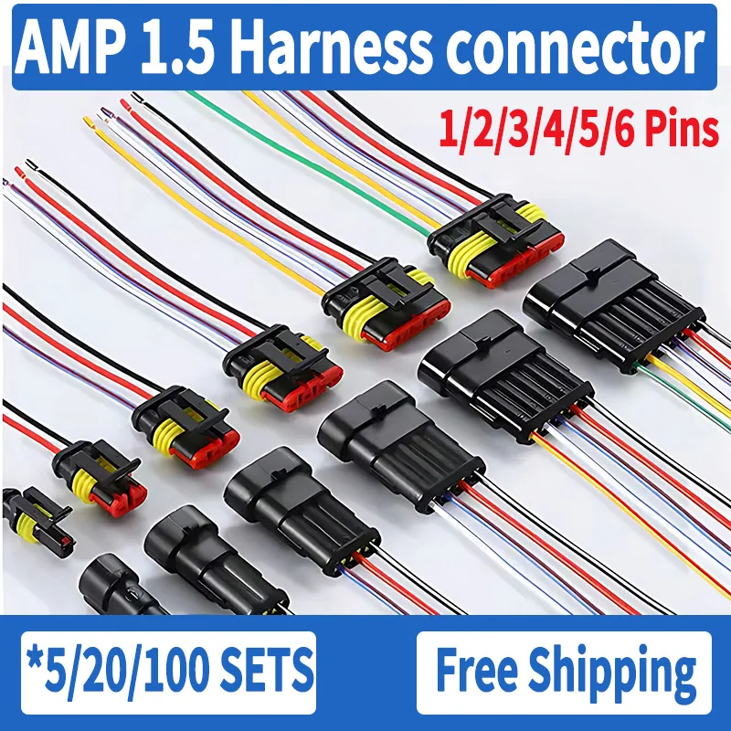 5-100 Set Waterproof AMP 1.5 Connector 1P 2P 3P 4P 5P 6P Electrical Auto Male Female Plug with Wire Cable harness for Car Motor