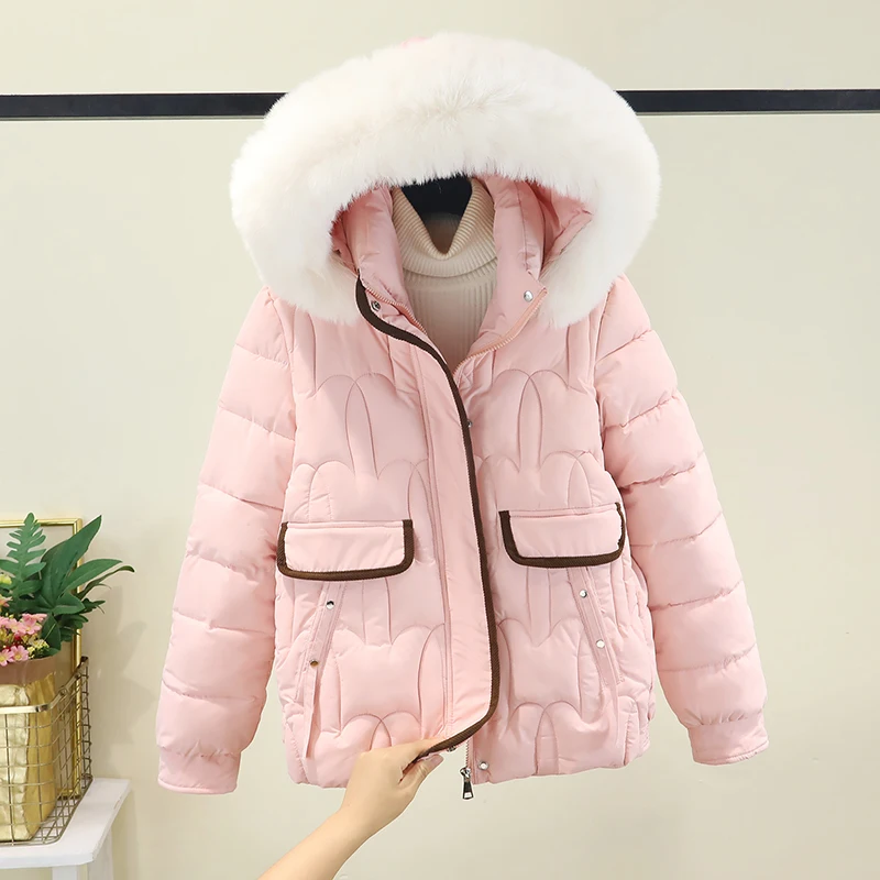 

Pink down Cotton Jaet Women's Loose Thi ort Coat Korean Sle Commute Winter New Arrival Small Size Cotton Clothes