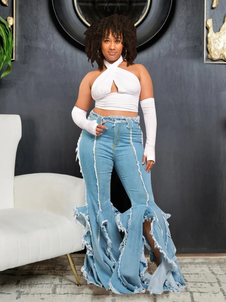 

Big Size Women's Open Drag Jeans Pear-shaped Crotch Wide Cover Meat Thin High Waist Micro Flare Pants
