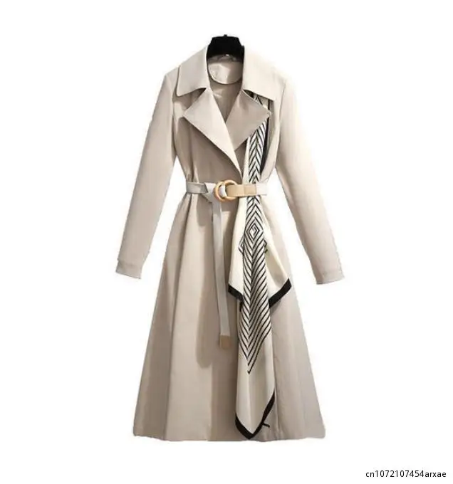 

Long Sleeves Striped Trench Scarf Draped A-Line Belt Lady Windbreaker Spring Autumn Large Lapel Dress Hem Mid-Length Women Coat