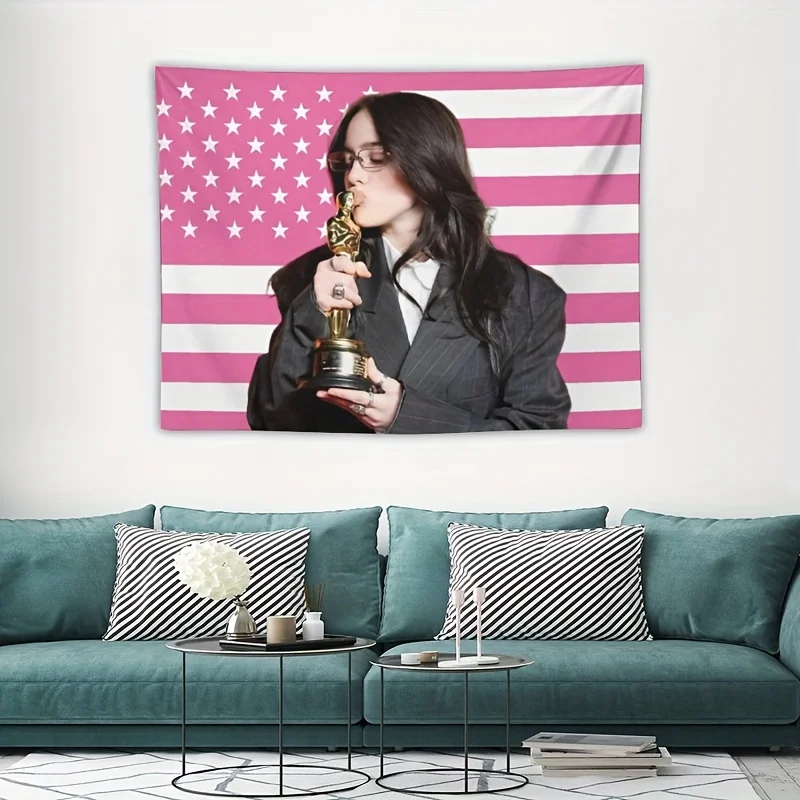 1pc Billie Eilish Oscar Tapestry, Pink American Flag Wall Hanging, Cool Room Stuff, Large Size, Polyester 2D Print, Bedroom Stuf