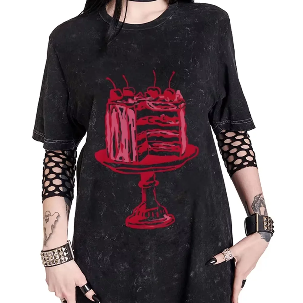 

Gothic Tee Graphic T-shirt Cherry Cake T-shirt All Cotton High Quality Oversize Washed Tee Red Cake Print Dessert Y2K Trend