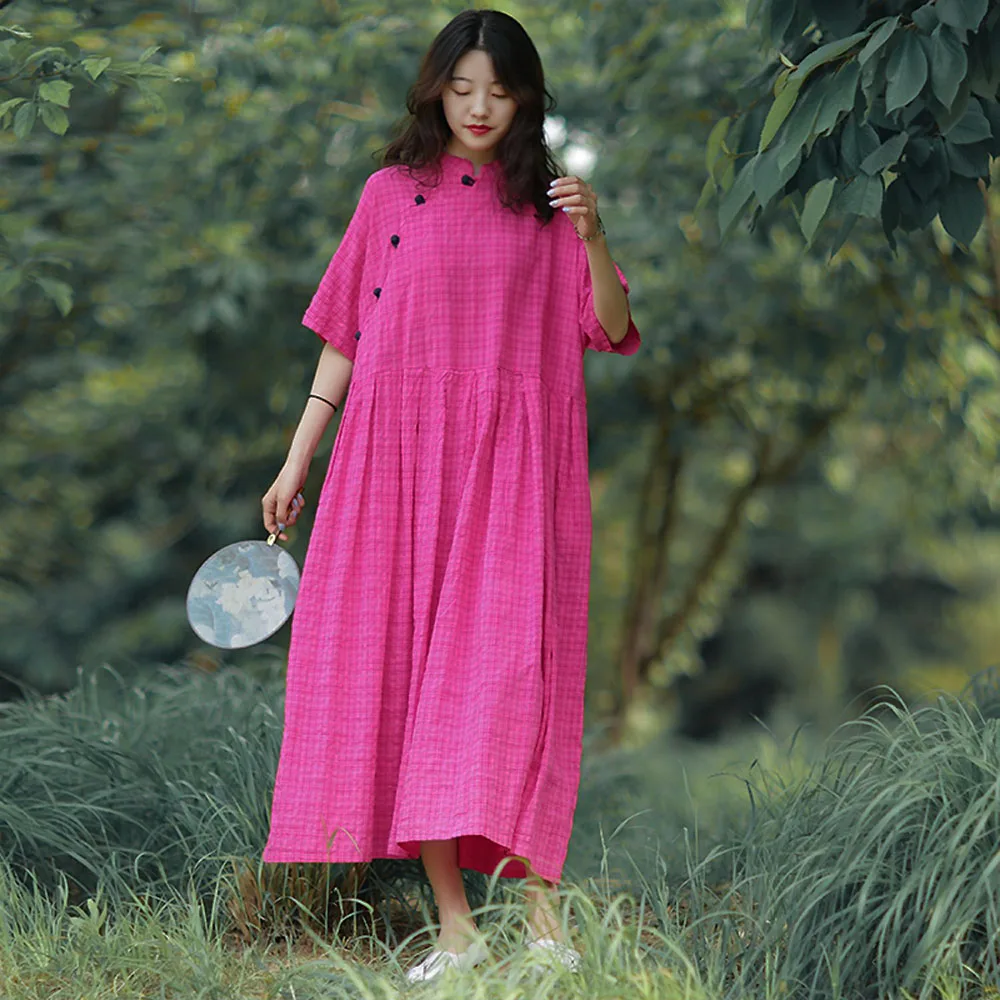 

Cotton Linen Plaid Dress Literary Vintage Short Sleeve Womens Loose Disc Buckle Color Contrast Elegant Pleated Long Dress Summer