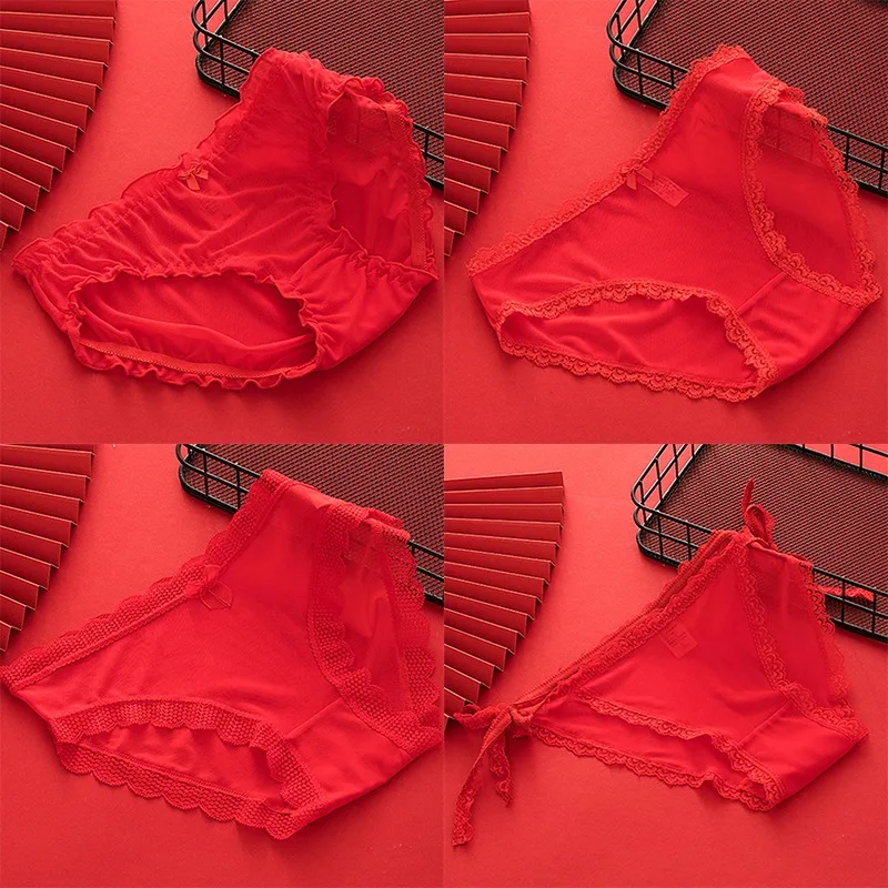 Women's Lace Underwear Low-Waist Tummy Control Breathable Underpants Soft Stretch Full Coverage Briefs Sexy Red Ladies Lingerie