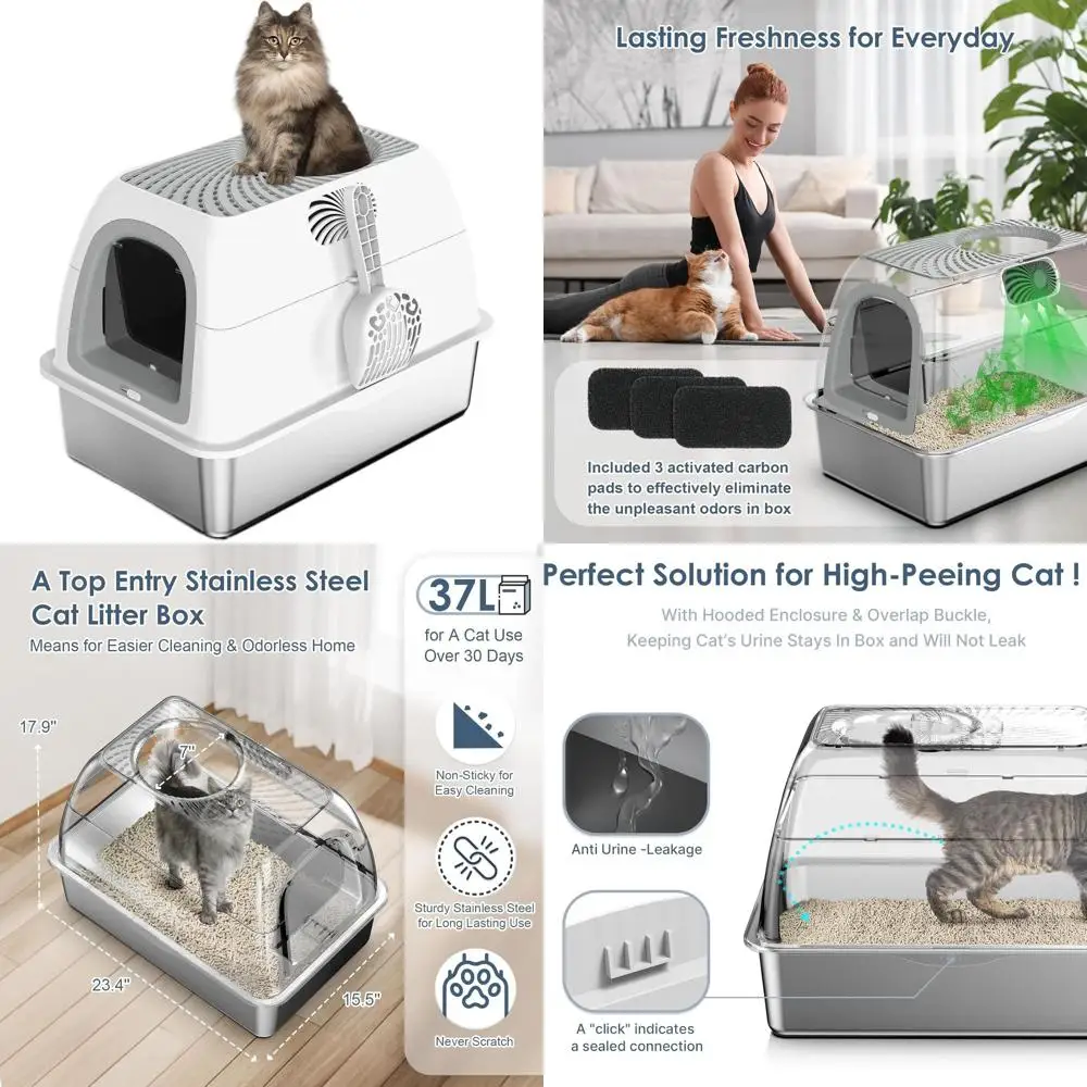 

Top Entry Hooded Stainless Steel Litter Box with Filter Lid & Scoop, Low Tracking and Anti-Leakage