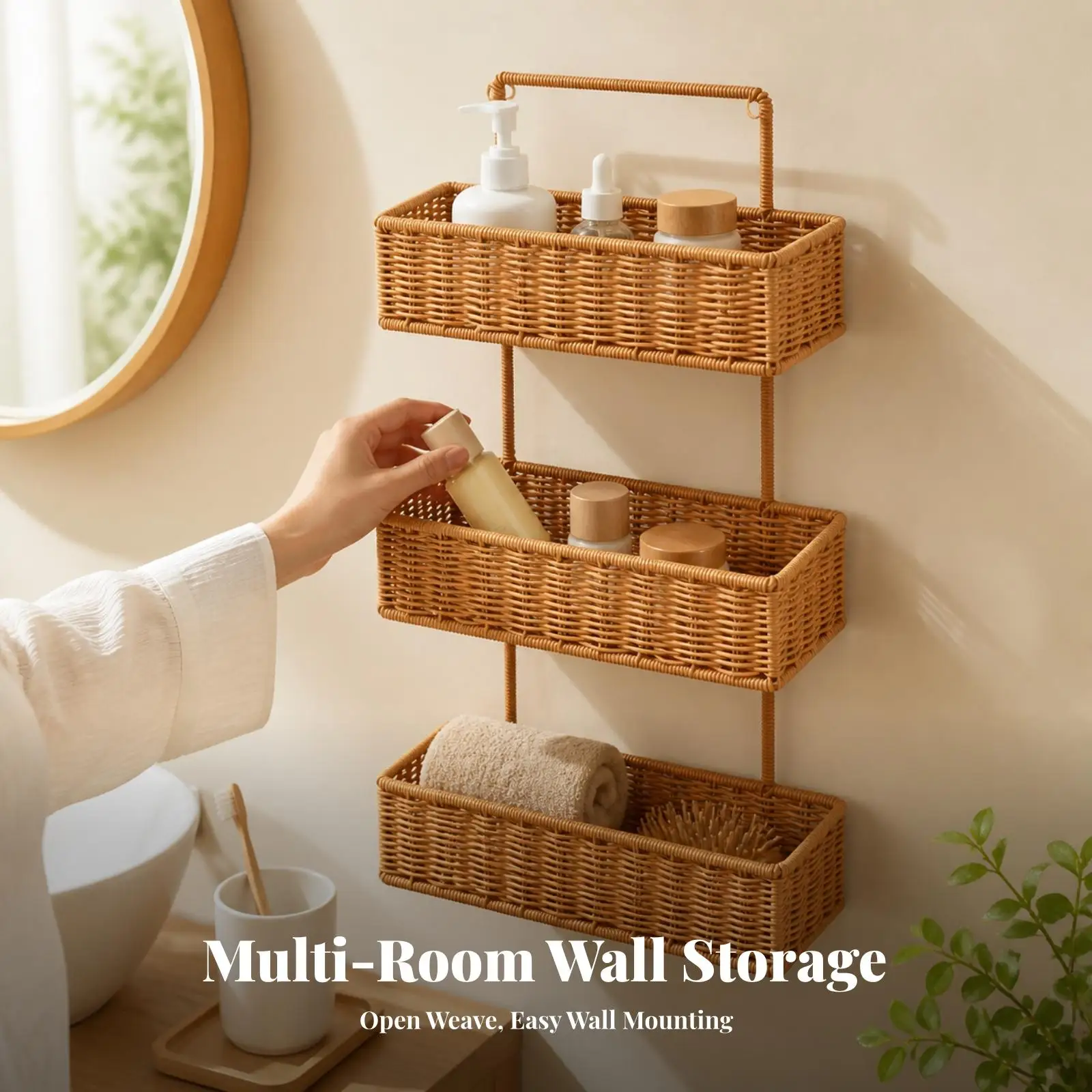 Three Tier Wall Mounted Organizer Basket Rack for Bathroom Kitchen Jewelry Storage No Screw Installation