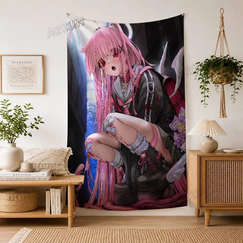 Dark Anime Neko Girl Wall Tapestry, Long Pink Hair Cat Ear Maiden Wing Gothic Kawaii Goth Backdrop Bedroom Aesthetic Decor Gift