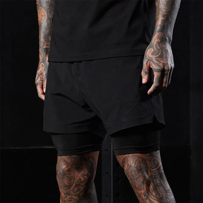 NEW 2 IN 1 Sport Running Woven shorts Men Double-deck Jogging Quick Dry Shorts Fitness basketball pants Zipper pocket Men Shorts