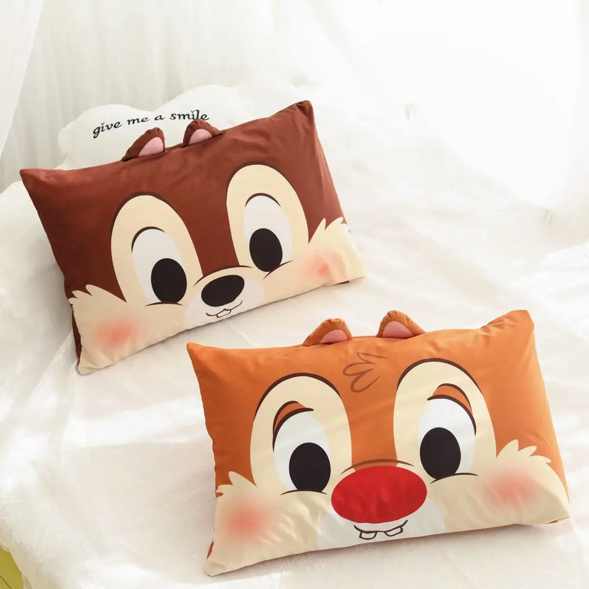 Disney Chip \'n\' Dale Pillowcase Kawaii Chipmunk Detachable Pillowcase Cartoon Soft Plushie Pillow Core Cover Women Pillowcase