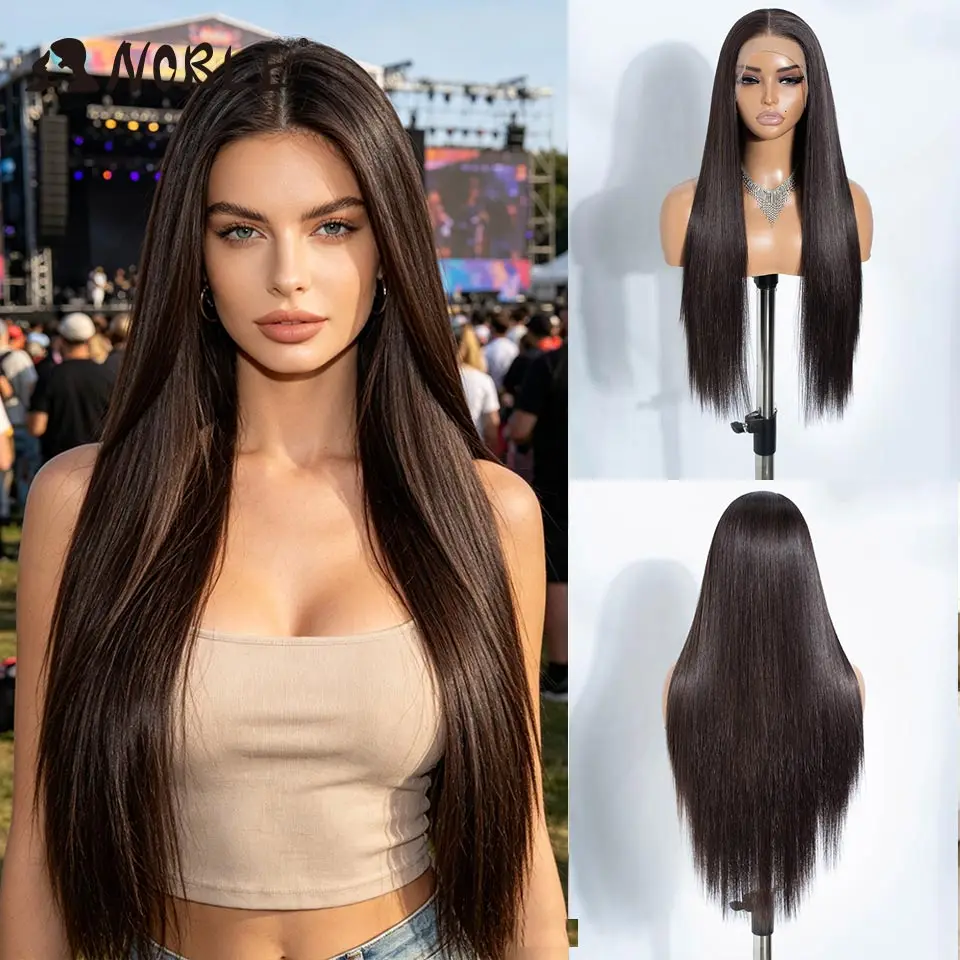 Noble 30 Inch Long Straight Lace Front Synthetic Wig 13X4 HD Transparent Pre Plucked Hairline Heat Resistant Black Wig For Women