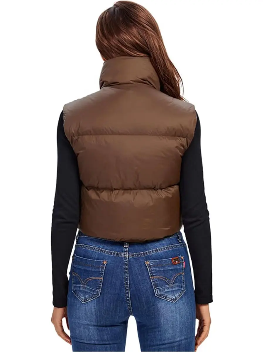 Autumn And Winter Women's Short Cotton Down Vest Short Stand-up Collar Warm Sleeveless Quilted Vest Outdoor Travel Jacket Tops