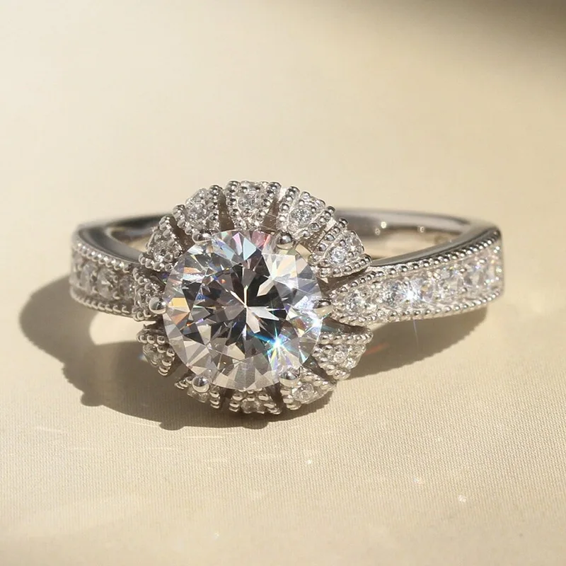 

Luxury Female Rings 925 Sterling Silver Crystal White Round Zircon Stone Sunflower Engagement Ring Wedding Jewelry Gift