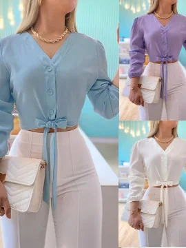 

Summer Women's V-Neck Long Sleeve Cropped Shirt with Waist Tie, Solid Color Button-Up Blouse