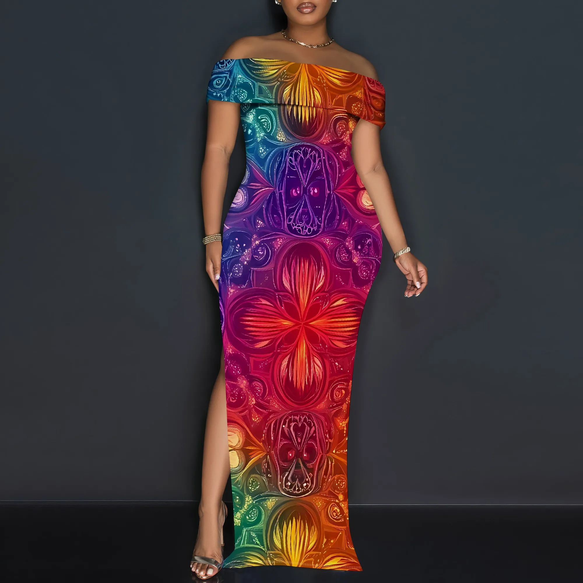 Rainbow Gradient พิมพ์ปิดไหล่ Maxi Dress SLIM FIT ผู้หญิง Elegant PARTY ชุดเดรสยาวพร้อม Slit