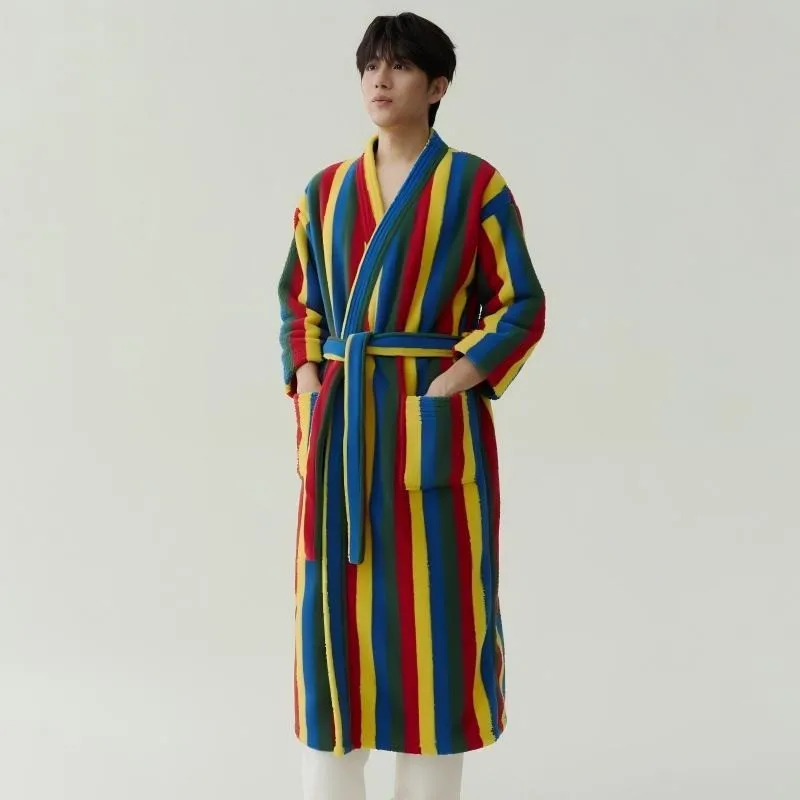 Thickened Warm Winter Couple Sleepwear Men Kimono Pajamas Robes Women Striped Bathrobe Home Wear Anti Static Big Size Robes