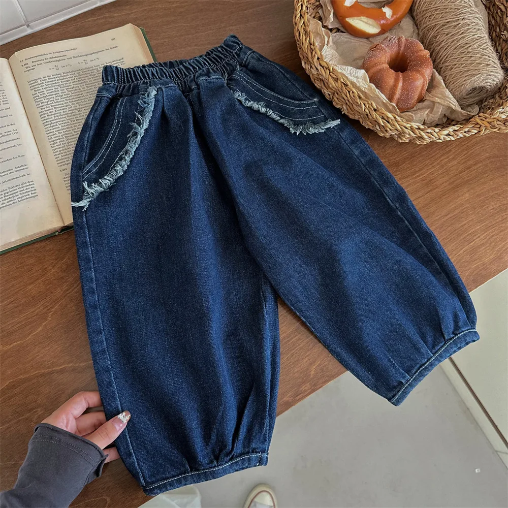 Children's Pants 2024 Autumn Korean Version High Elasticity Boys and Girls Design Jeans Baby Loose Pants Trend