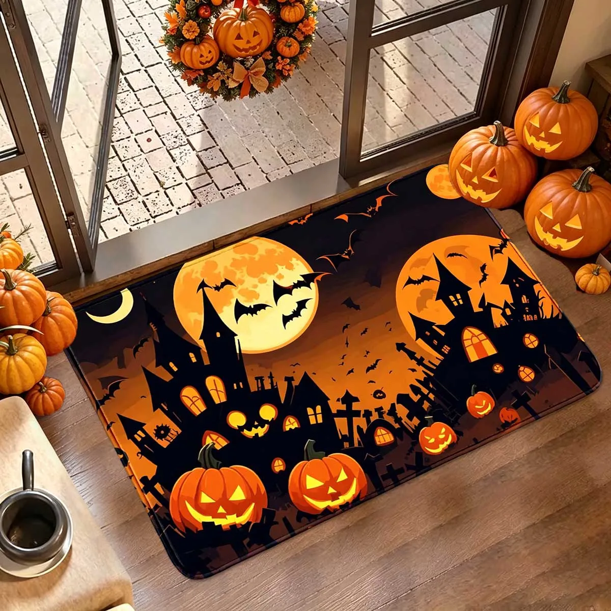 1 Dark Wind Full Moon Ghost House Pumpkin Bat Pattern Foot Mat Indoor Halloween Creative Decoration Carpet