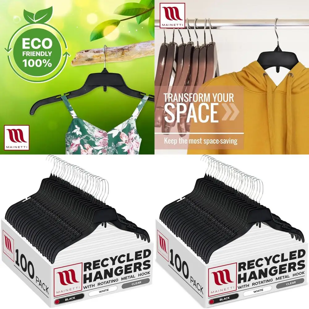 

100-Pack 17-Inch Recycled Black Plastic Hangers with Rotating Hooks for Shirts, Tops, and Dresses
