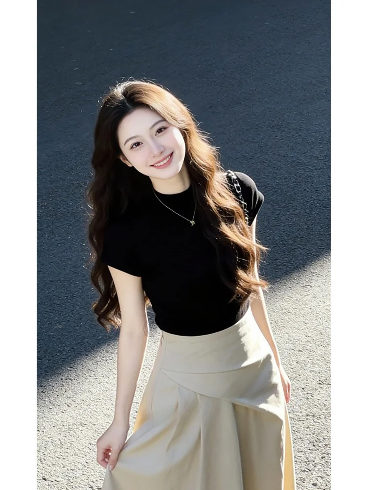 

Hebe Sle High Waist Asymmetrical ort Sve Slimming Women's Two-Piece Set Summer Faion Ensemble Bla Top And Skirt