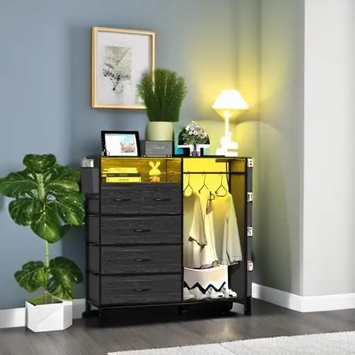 Bedroom with Clothes Rack Side Pockets 5 Drawer Dresser with Charging Station LED Lights Black Storage Chest of Drawers for Nurs