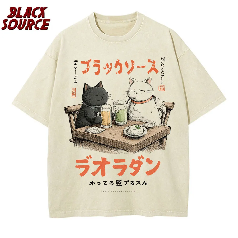 

T147 Men Tshirt Streetwear Japanese Harajuku Funny Drinking Cat T-Shirt Cotton Summer Cartoon T Shirt Unisex Hip Hop Tops Tees