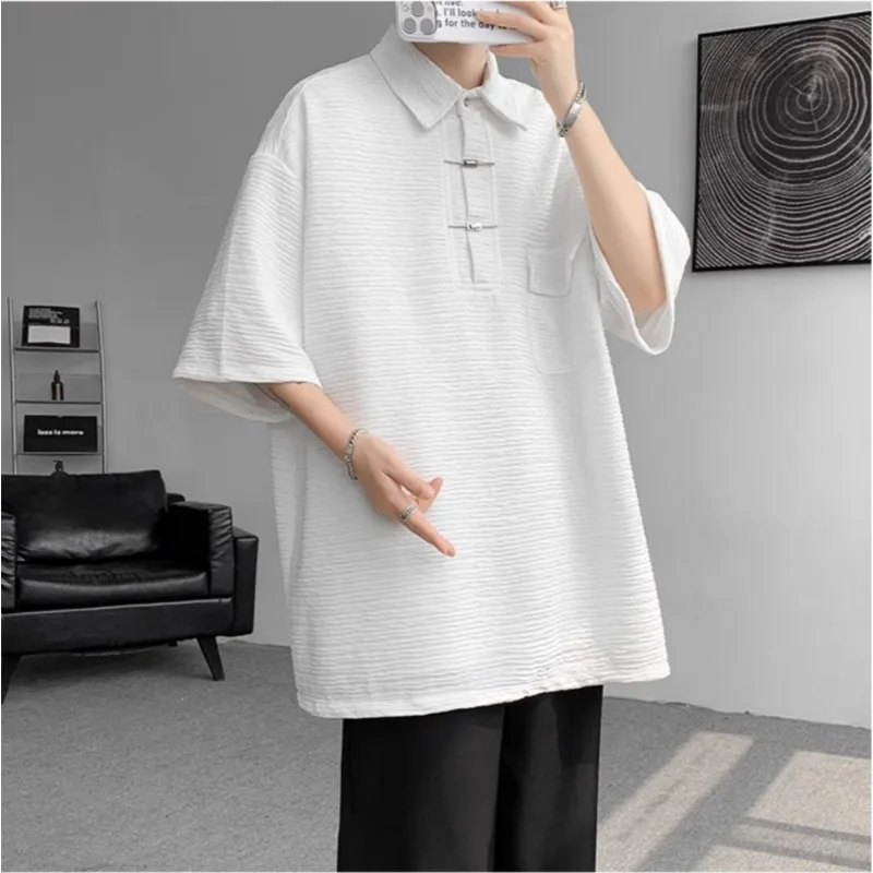 2026 New Men's Chinese Style Button Polo Shirt T-shirt for Men Korean Summer Fashion Harajuku Oversized Casual Loose T-shirt