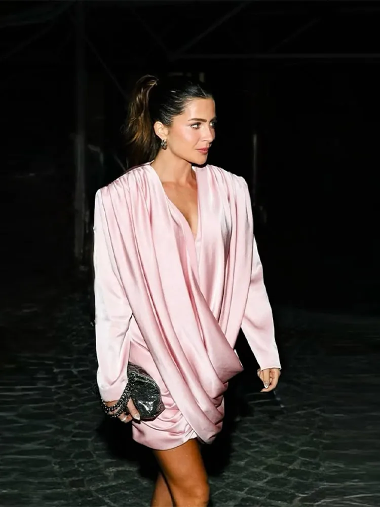 Robe courte plissée en Satin, élégante, Chic, rose, col en v, manches longues, drapée, robes de soirée, nouvelle collection automne printemps 2026