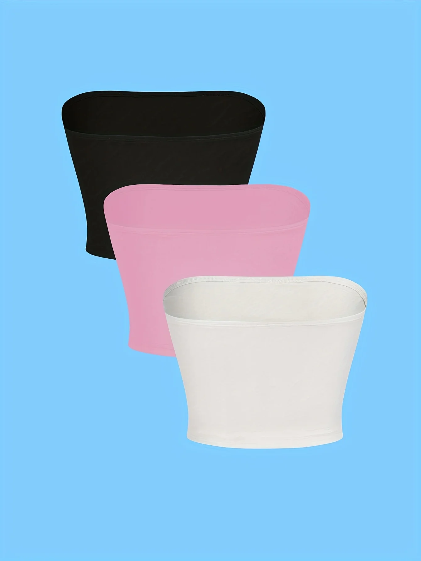 ブラック、ピンク、ホワイトの3ピースチューブトップ、シンプルで快適なアウタートップ