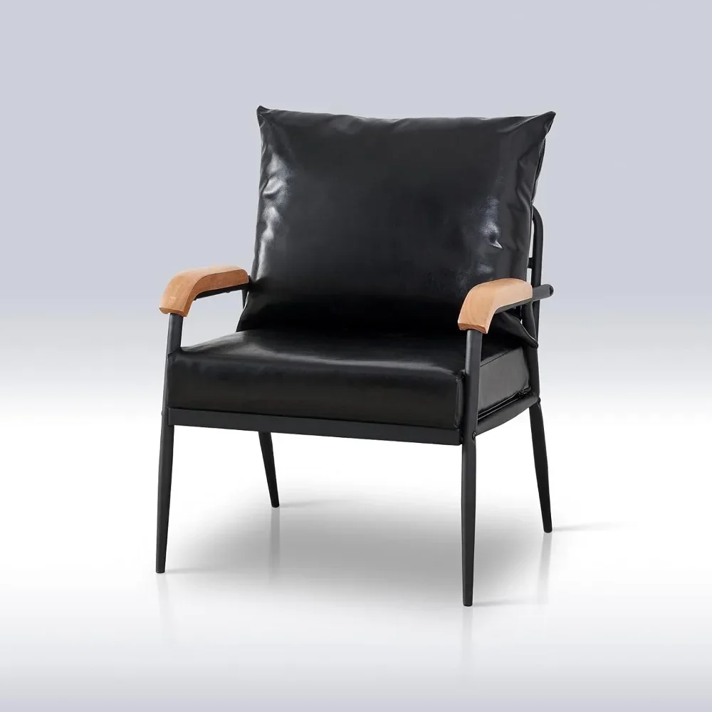 

PU leather single sofa, modern style chair with solid wood armrests and sturdy metal frame, soft cushioned lounge chair armrests