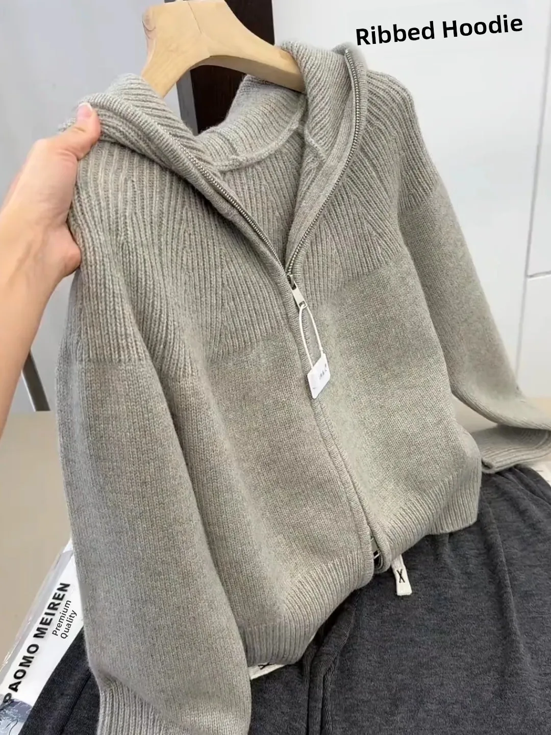 Gray Loose Women's Knitted Cardigan Double Zipper Hooded Sweater Coat Comfortable Commute Style Korean Version Soft Material
