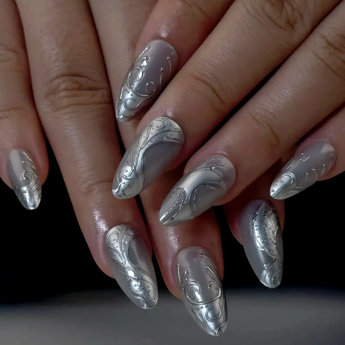 

Punk Silver Long Pointed Fake Nails Art Almond False Nails Moon Sun Heart Star Snake Pattern Glitter Rhinestones Press on Nails