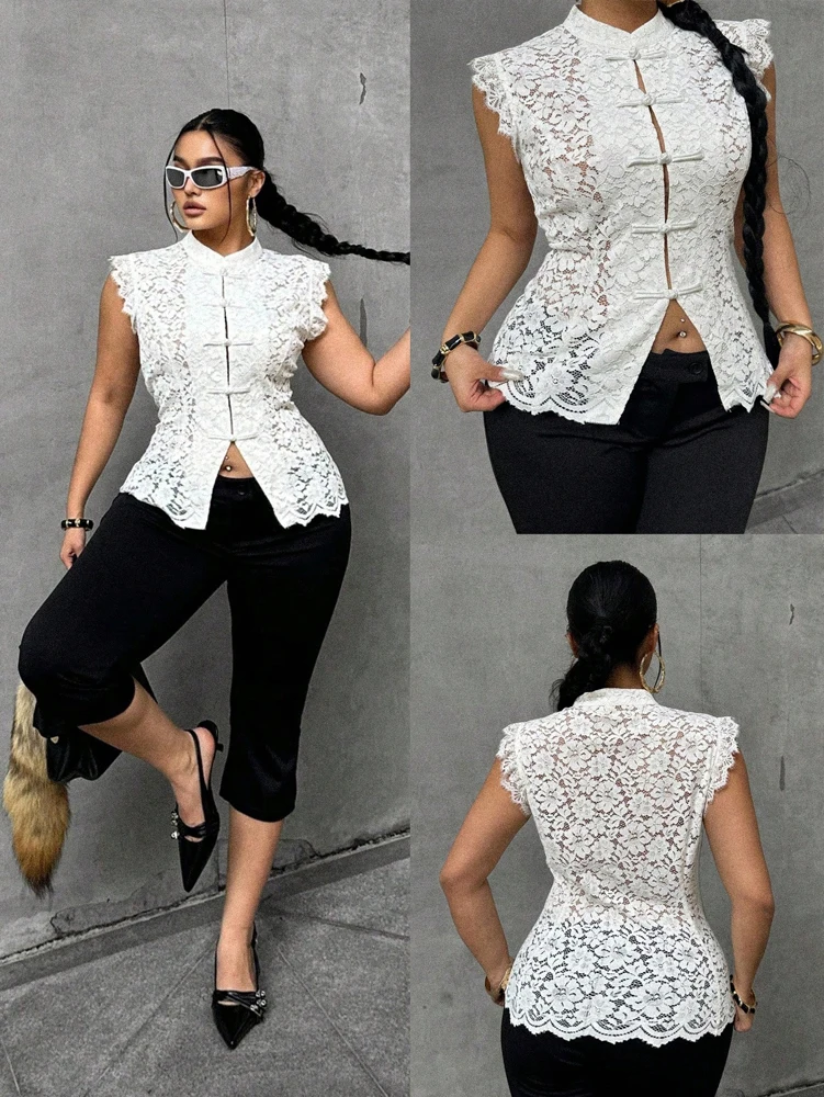 

Plus Size Elegant Lace Blouse, Mandarin Collar Frog Button Sleeveless Shirt, Slim Fit Casual Vacation Top for Women