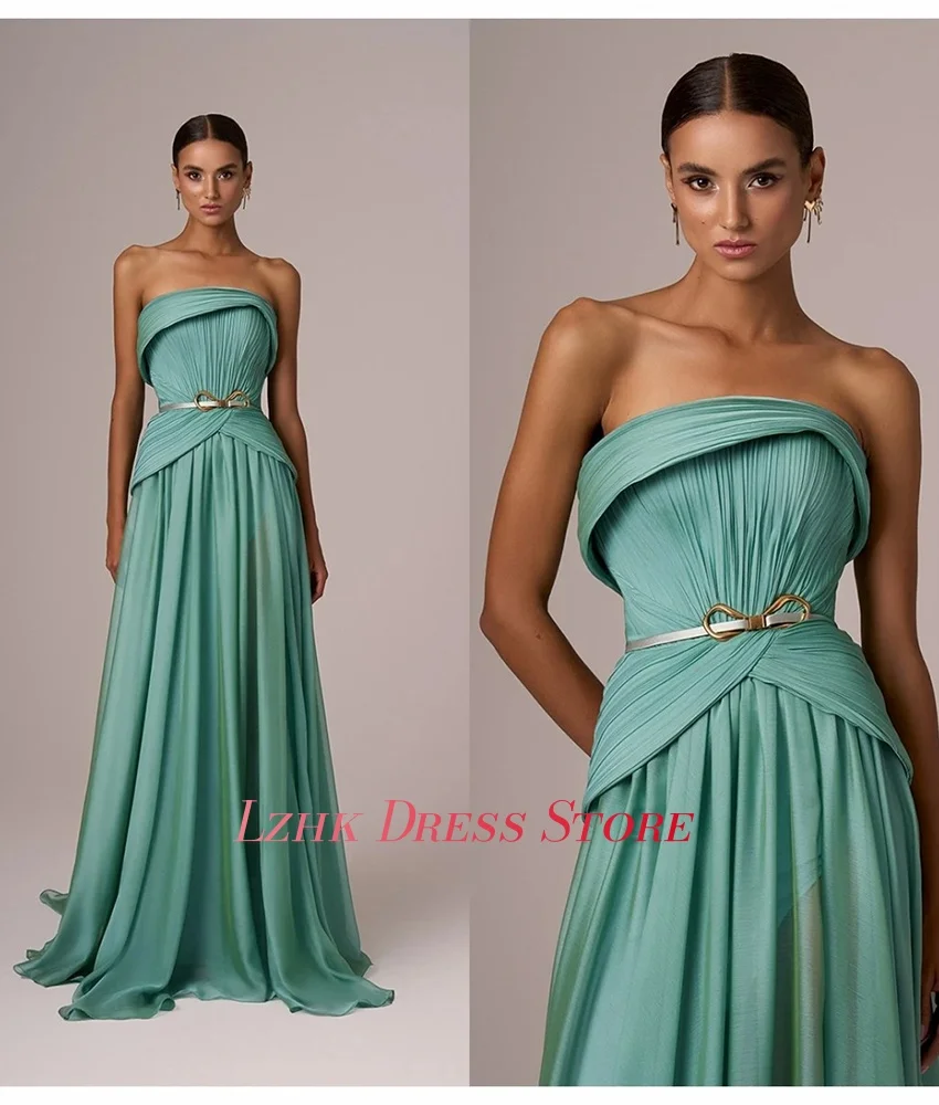 Abito da sera con cintura con fiocco 3D a trapezio in chiffon grazioso personalizzato Abiti da ballo lunghi senza maniche senza spalline di alta qualità