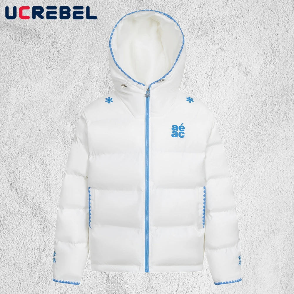 

Print Contrast Hooded Padded Jacket Mens Embroidery Winter Thick Streetwear Long Sleeve Loose Drawstring Hem Quilted Jacket