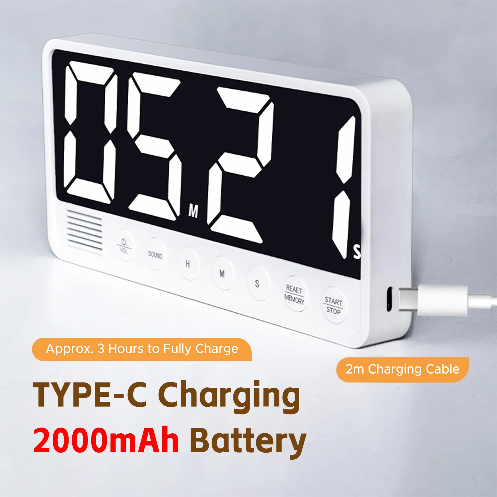 LED Timer Countdown Big Screen 99Hr 59Min 6 Alarm Volume 3 Memories Type-C Charging LED digital countdown timer