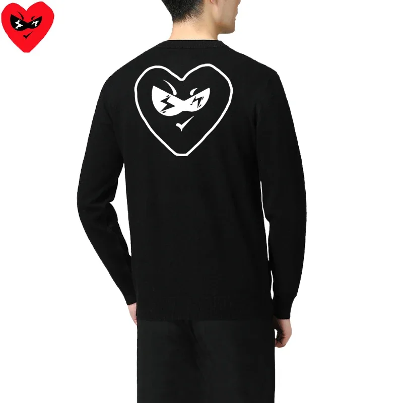 Break Egg Men Cardigan Cotton Red Cute Glasses Heart Embroidery Colorful Heart Print V-Neck Single Breasted Autumn Fit Sweater