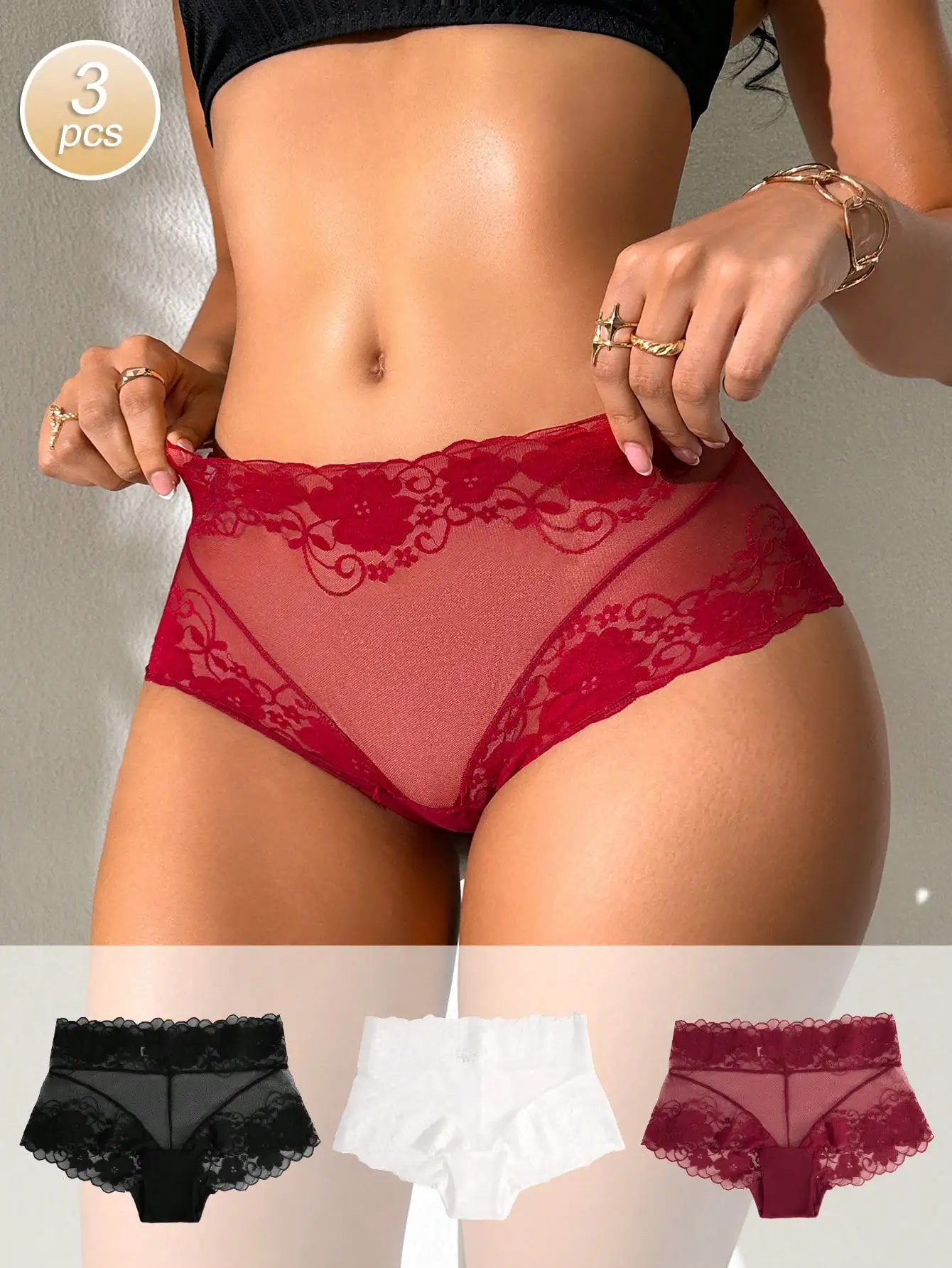 3Pcs Women Floral Hollow Lace Boy Shorts Mid Rise Semi Sheer Mesh Wide Waist Anti-Ride Anti-Chafing Under Skirt Panties Set