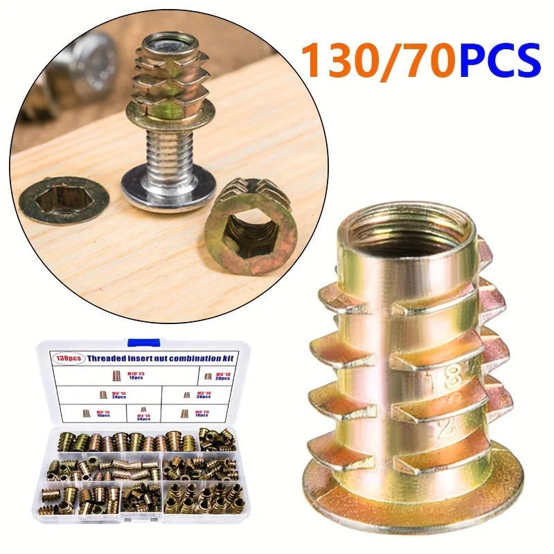 130/70PCS Innensechskantschraube Gewindeeinsätze Mutter Kombinationswerkzeug-Set für Holzmöbel Bolzenverschlussverbinder