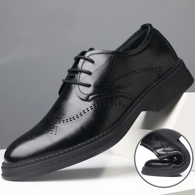 Men Brock Carving Leather Shoes Dress Business Office Shoe Mens Wedding Party Derby Shoes Pointed Retro Black Oxford Shoes