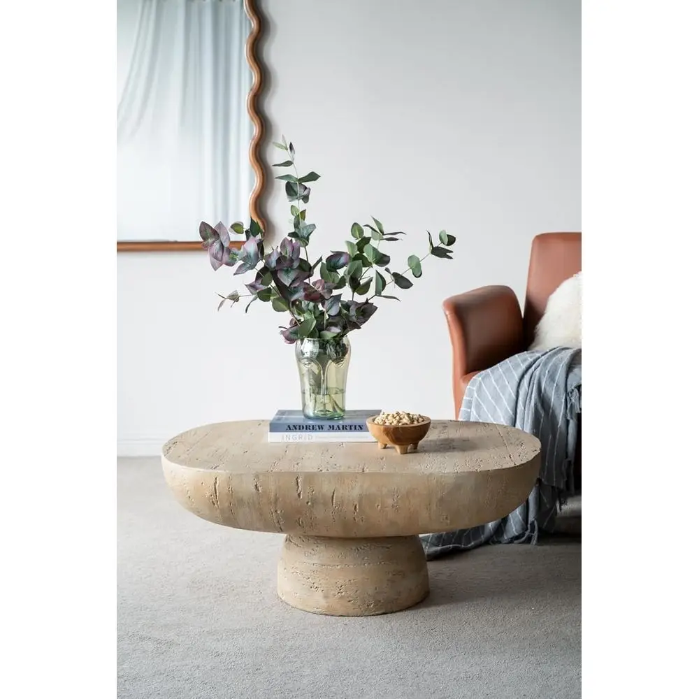 

36 Oval Travertine Accent Table with Cream Magnesium Oxide Finish for Living Room