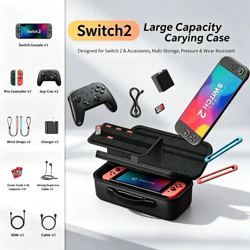 Large Capacity Carrying Case for Switch 2, Dual‑Layer Large Storage Travel Bag, Hold Pro Controller Charger & 10 Game Card