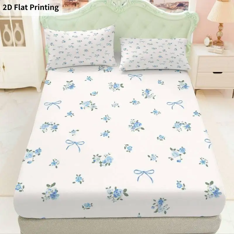 3Pcs Bluefloralbow Fitted Sheet Three Piece Set (1*Fitted Sheet + 2*Pillowcases, Coreless), Bedding Set